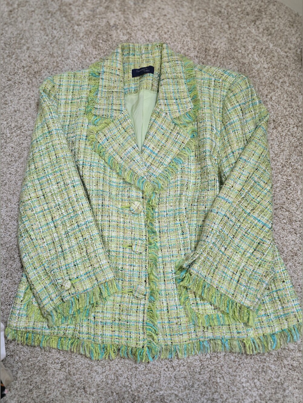 Fundamental Things Green Aqua Bouclé Tweed Fringe Blazer Jacket Size 14